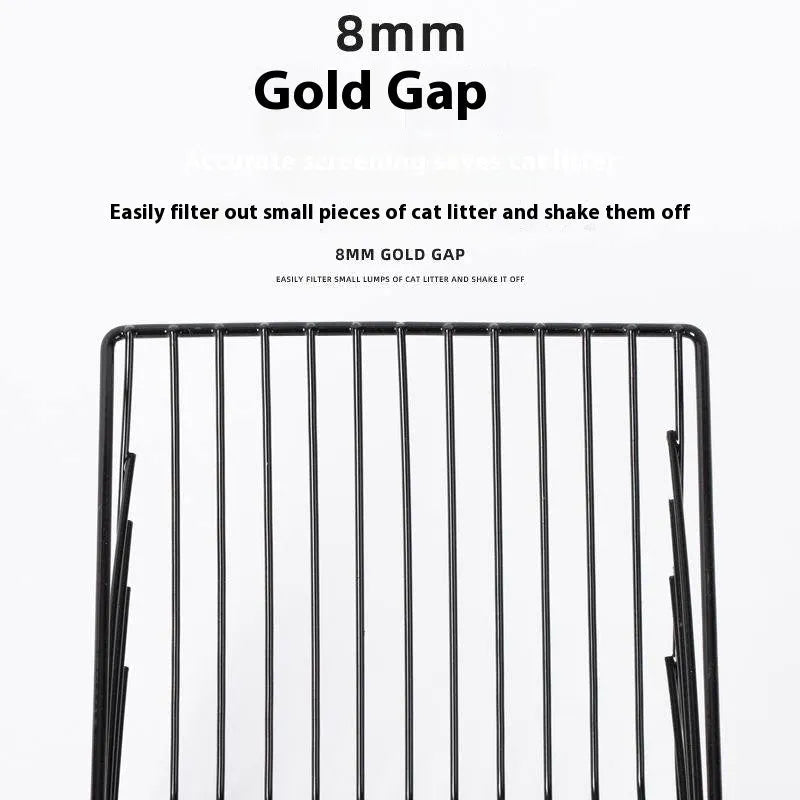 Black metal cat litter scoop with 0.8cm gap between tines