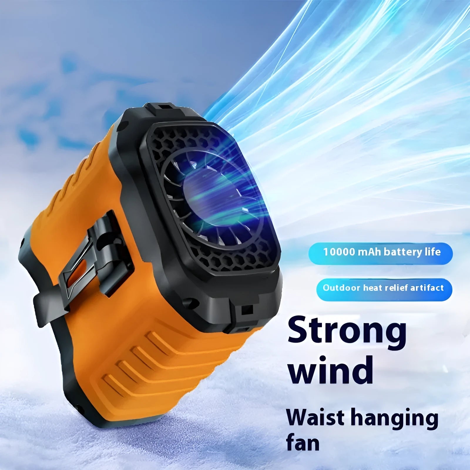 Rechargeable clip on waist fan in army green with USB charging cable
