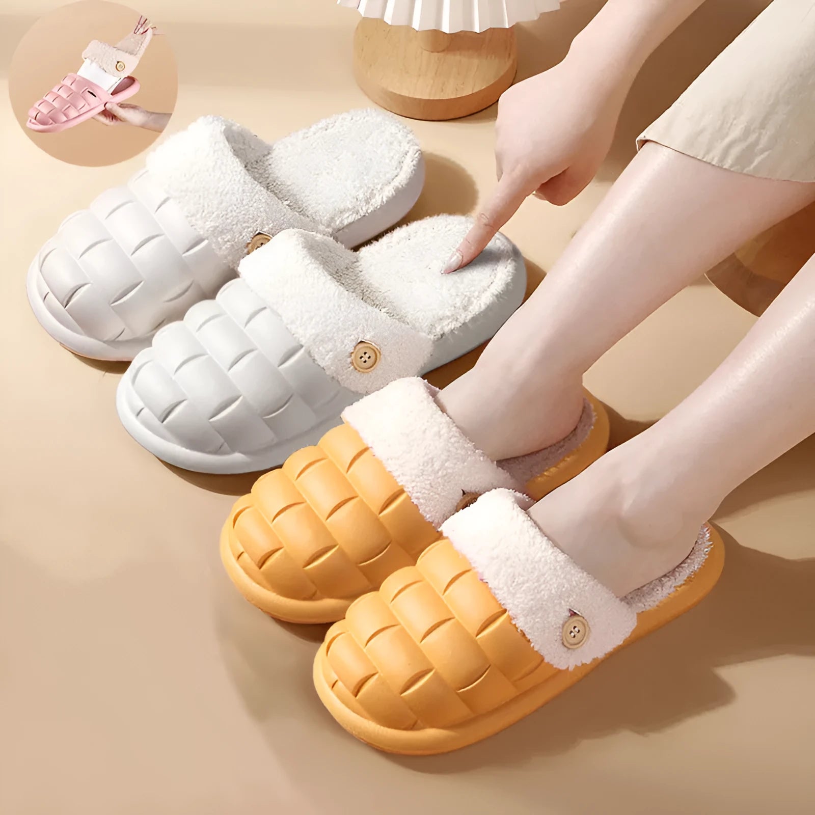 Plaid detachable slippers with anti-skid soles and plush lining in pink, green, yellow, white, grey, or black