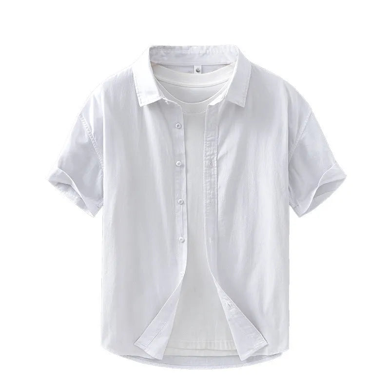 Men's loose-fitting cotton summer shirt in light grey colour with short sleeves and cardigan style