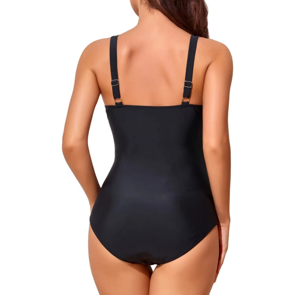 Women's deep V cross pleated one-piece swimsuit in solid colour nylon fabric