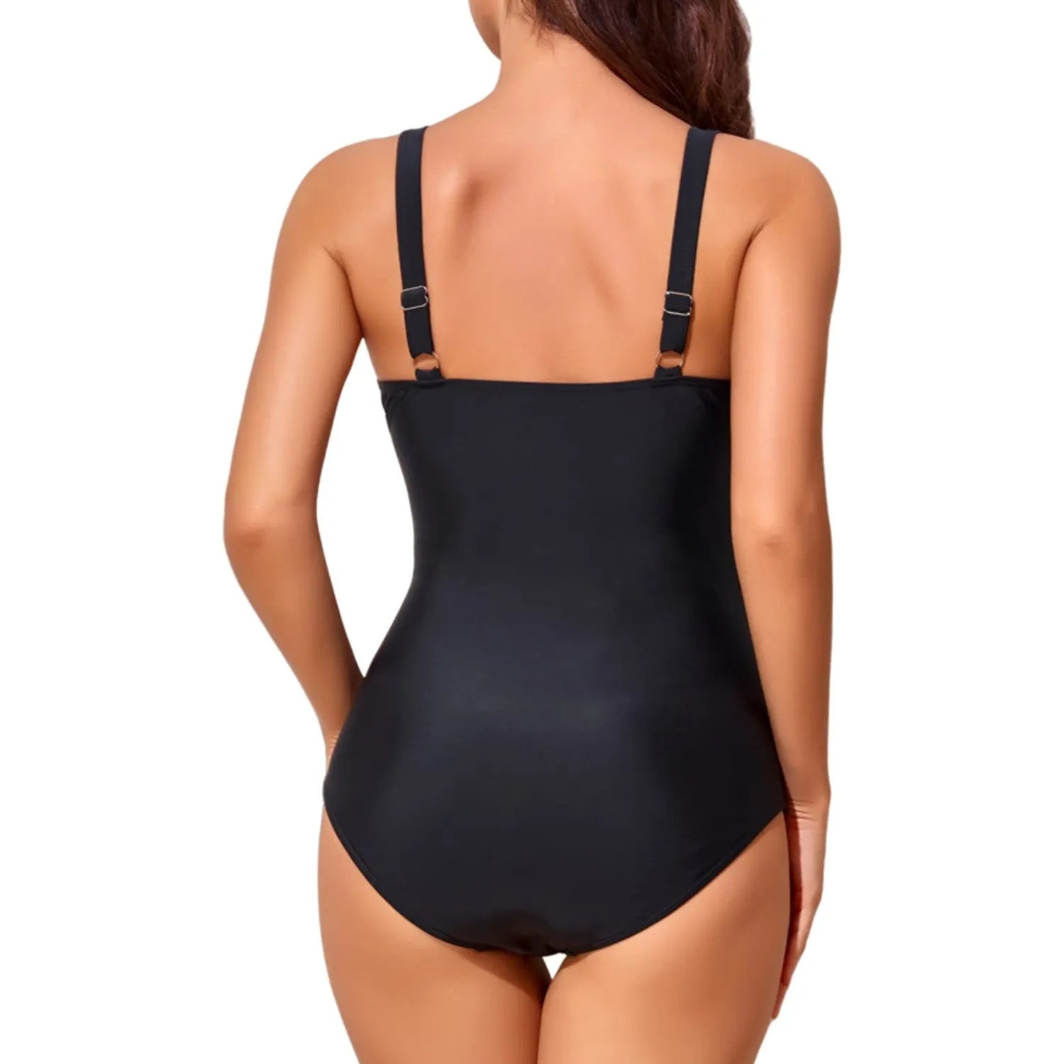 Women's deep V cross pleated one-piece swimsuit in solid colour nylon fabric