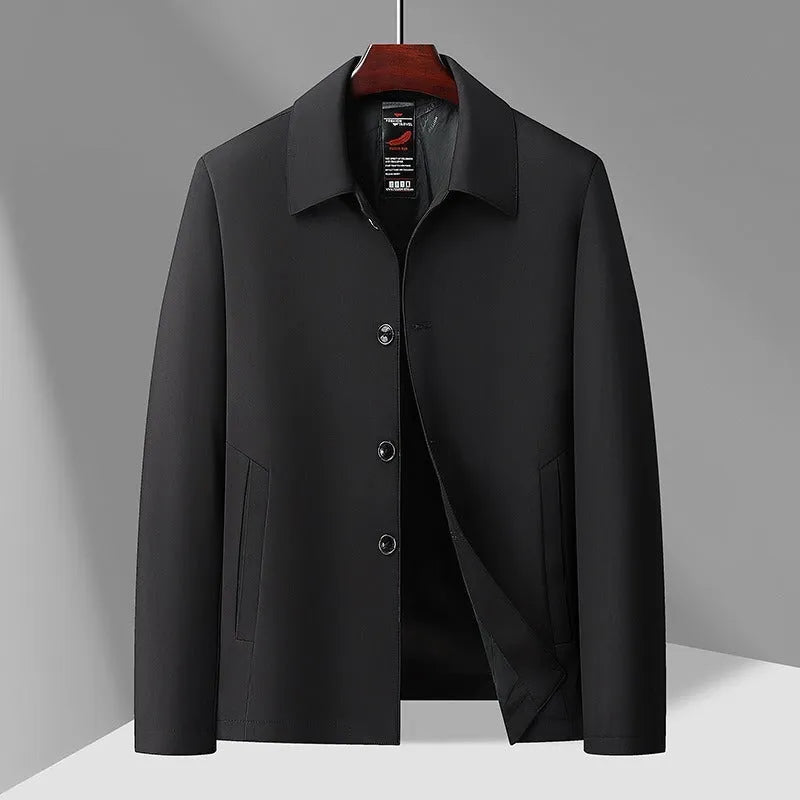 Men's business casual button-down lapel jacket in navy blue, slim fit, wrinkle-resistant, with long sleeves and side pockets.