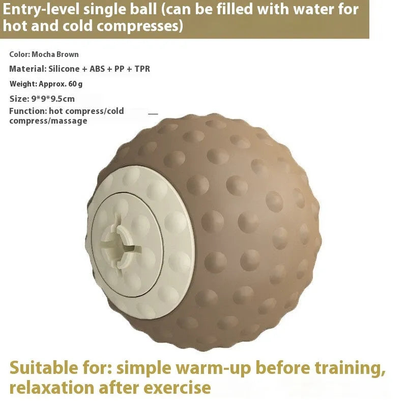 Massage ball set for cold and hot compress therapy in green and mocha colours, showing single and double ball options.