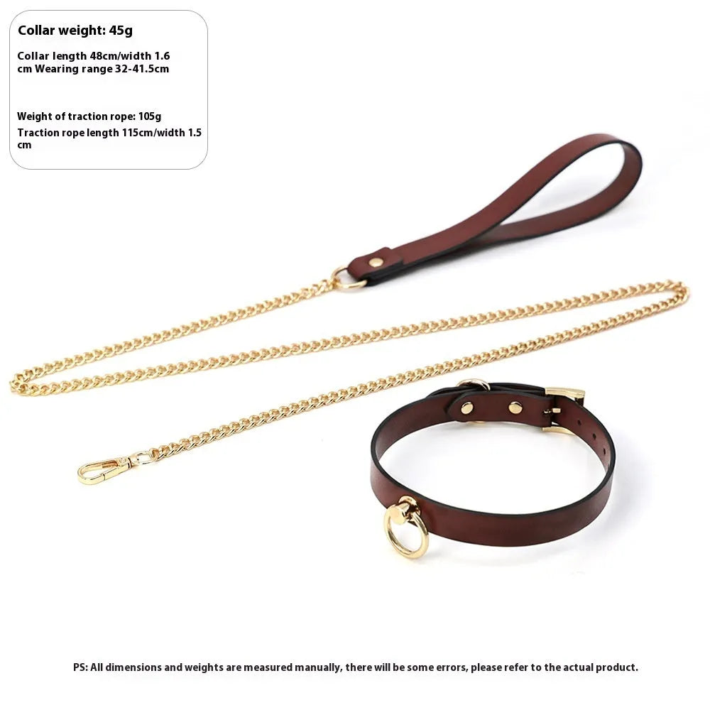 Genuine cowhide leather dog collar with metal chain lead in black, red, and maroon colour options