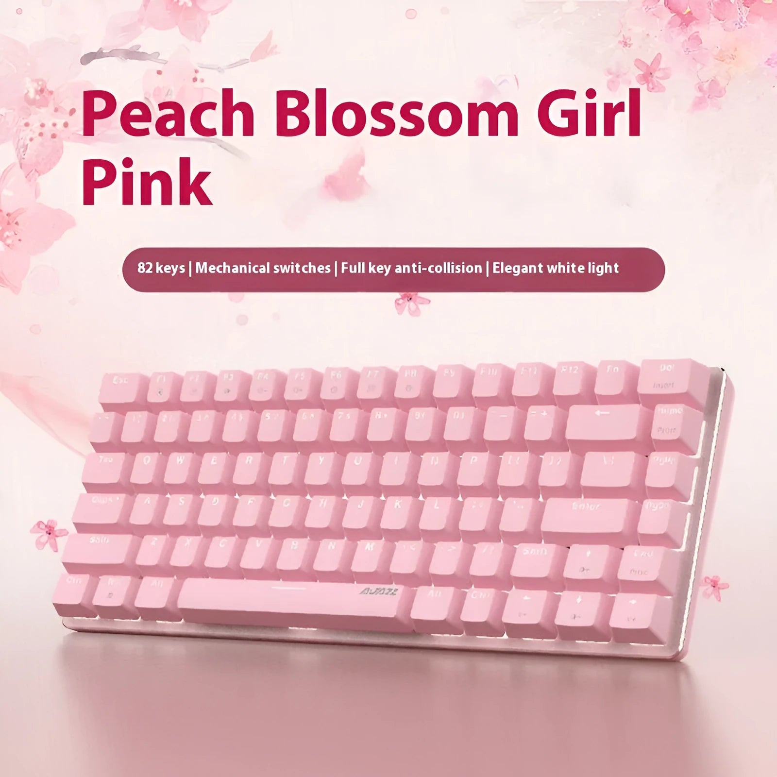 Pink mechanical gaming keyboard with white backlight showing 82-key layout