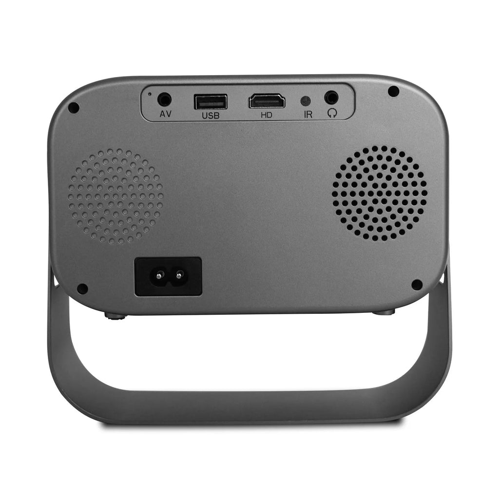 Black portable HD projector with remote control and cables for home office use