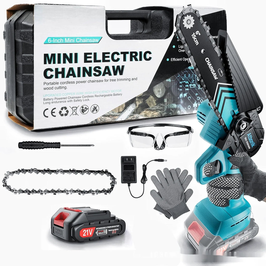 Handheld electric chainsaw with 6-inch chain, two batteries, safety goggles, gloves, and storage box