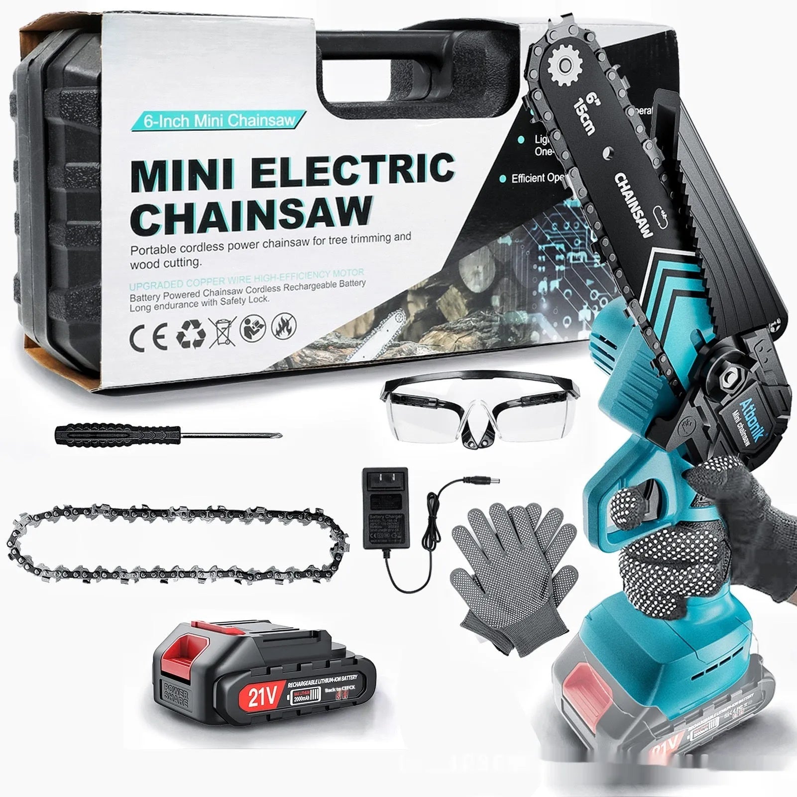 Handheld electric chainsaw with 6-inch chain, two batteries, safety goggles, gloves, and storage box