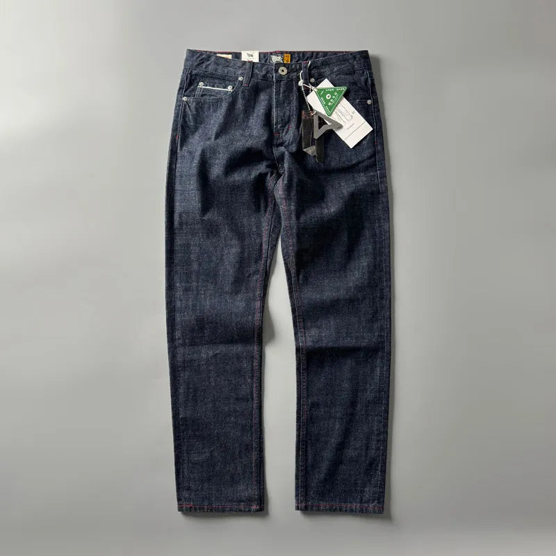 Men's straight leg jeans in primary colour cotton denim with American retro style and mid-waist design