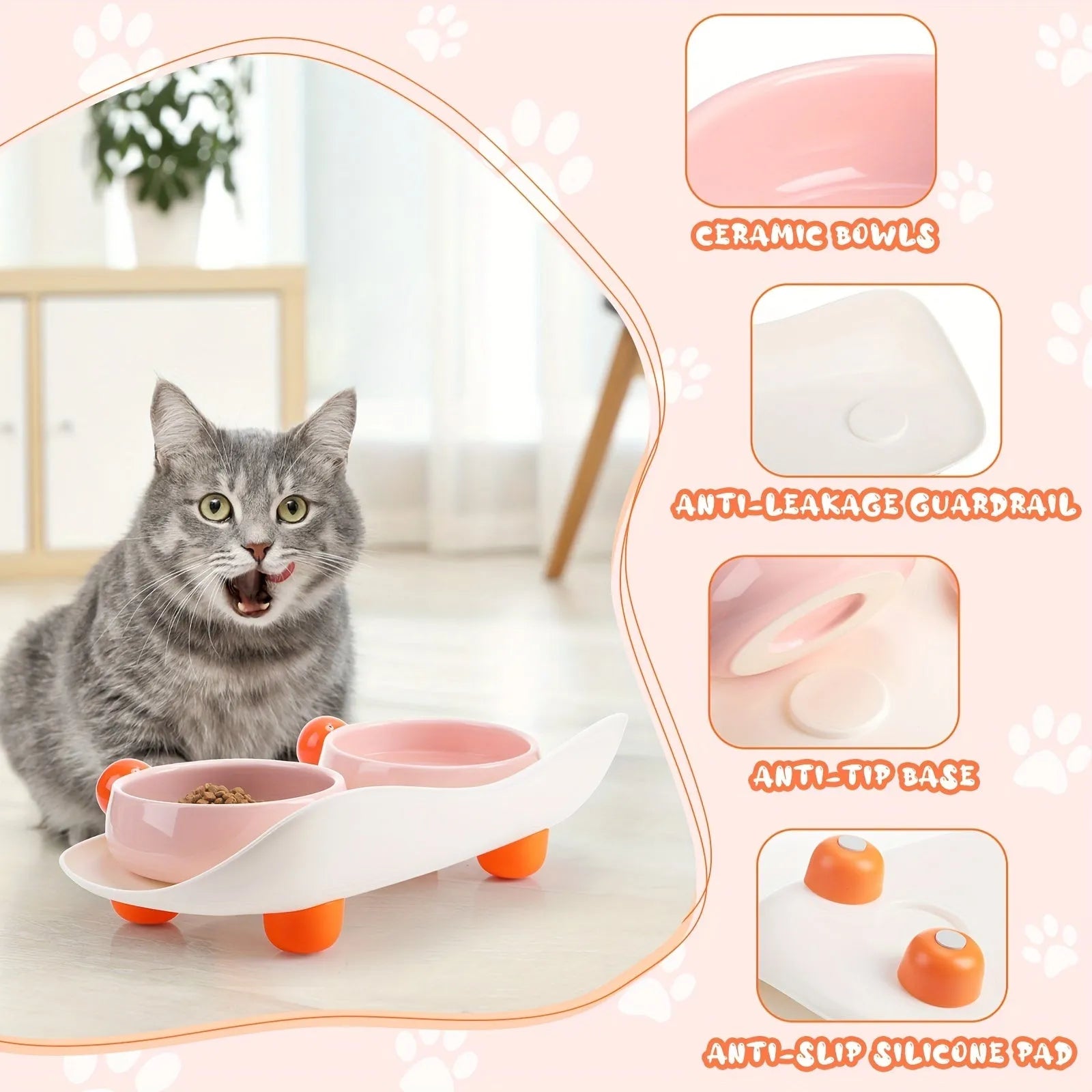 Two raised ceramic pet bowls with pink and yellow colours and grey non-slip silicone bases.