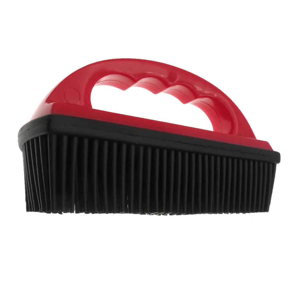 Red handled pet hair removal brush for grooming and cleaning carpets, measuring 160mm by 85mm.