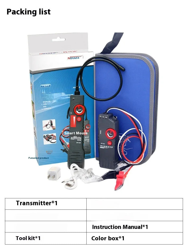 Buried wire cable tester line finder kit with transmitter, receiver, and accessories on a grey background