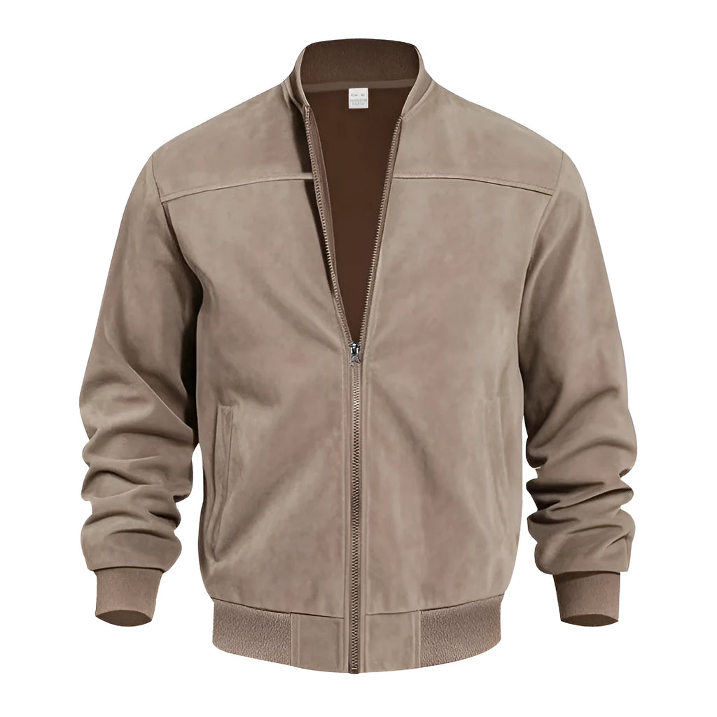 Men's plus size suede zip-up casual jacket in army green colour on a hanger.