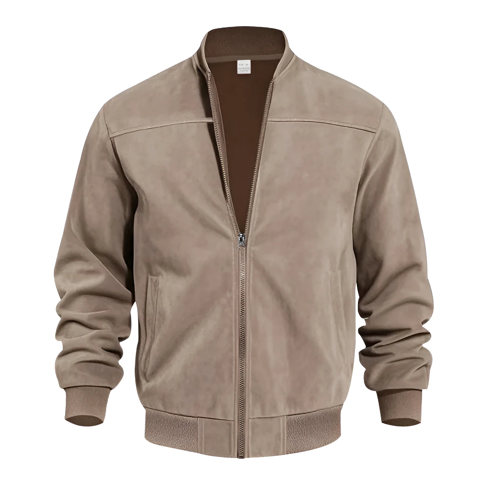Men's plus size suede zip-up casual jacket in army green colour on a hanger.