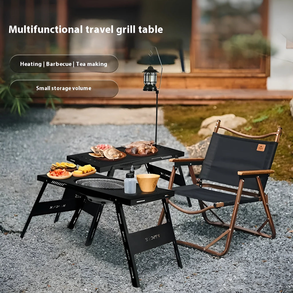 Black foldable steel outdoor barbecue table with integrated grill set, shown in round and square design options.