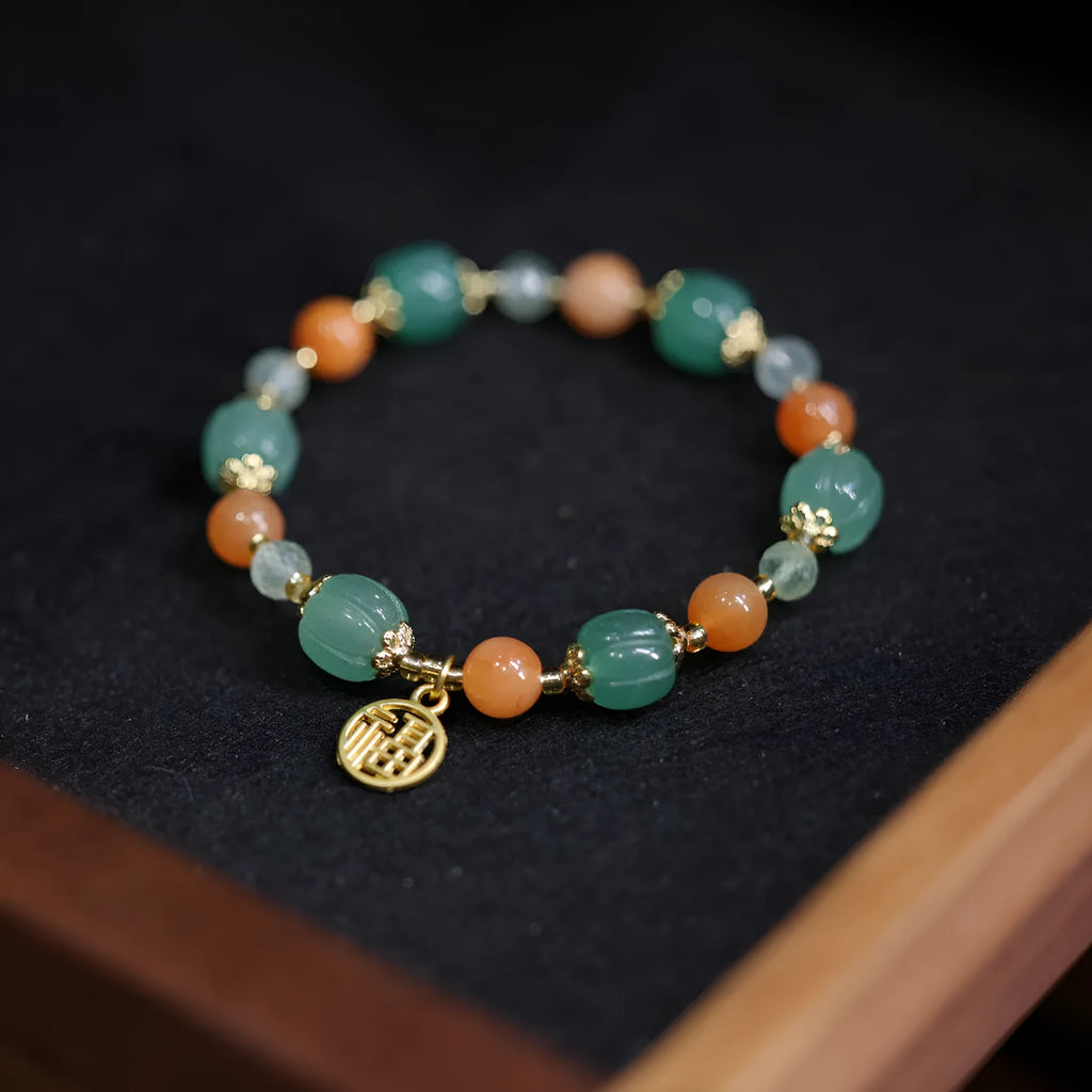 Traditional Chinese style Jinsi Jade bracelet with Duobao pumpkin bead for 14-16.5cm wrist