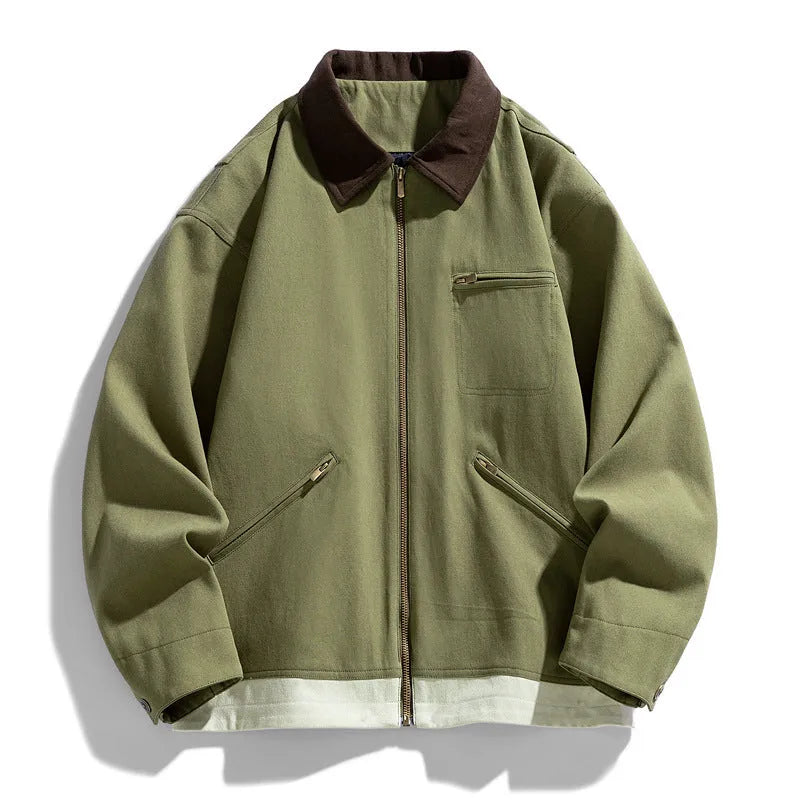 Men's Korean style loose fit casual jacket with contrast colour lapels in polyester fabric