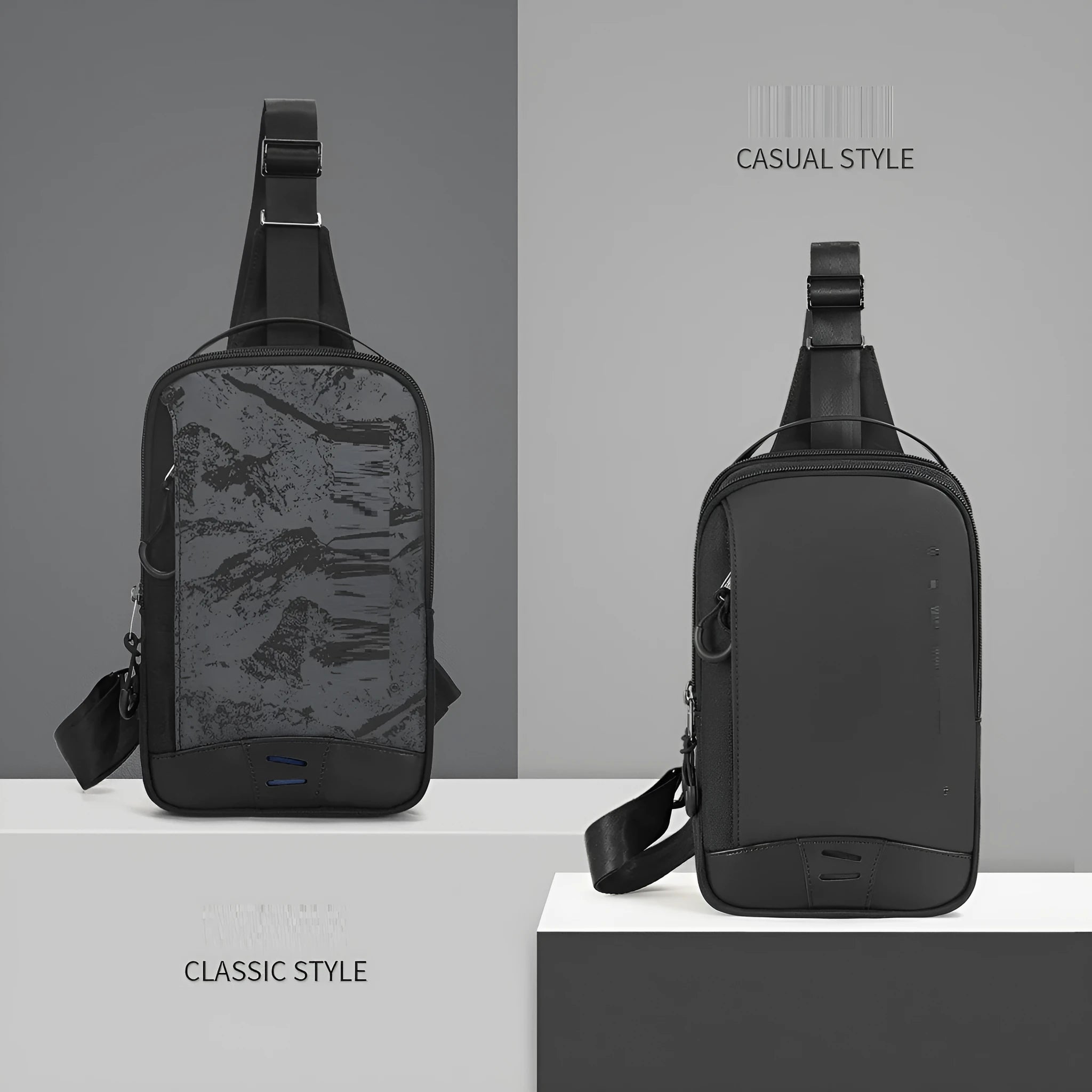 Casual black TPU camouflage chest bag with a single shoulder strap and soft handle.
