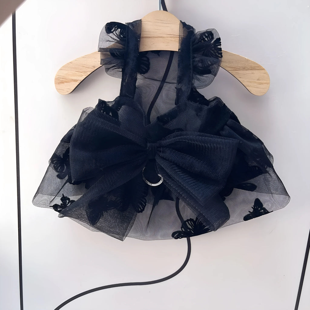 Black gauze princess tulle skirt for a dog or cat on a size chart.