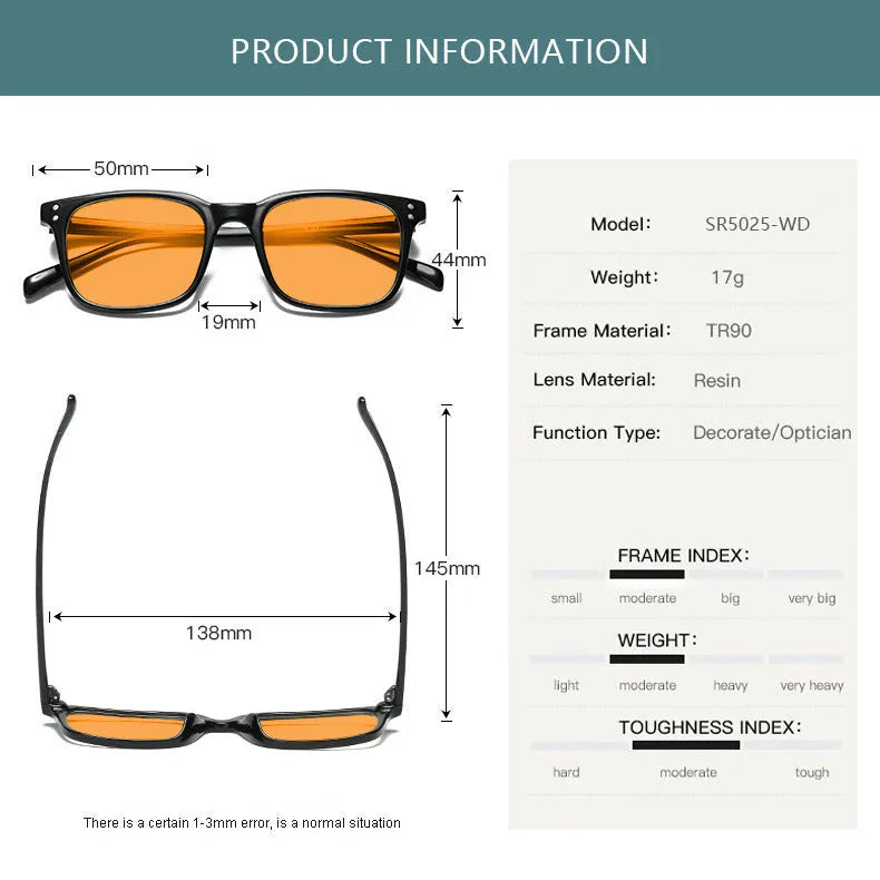 Orange lens blue light blocking glasses with a TR90 frame, shown in one of 11 available colour options.