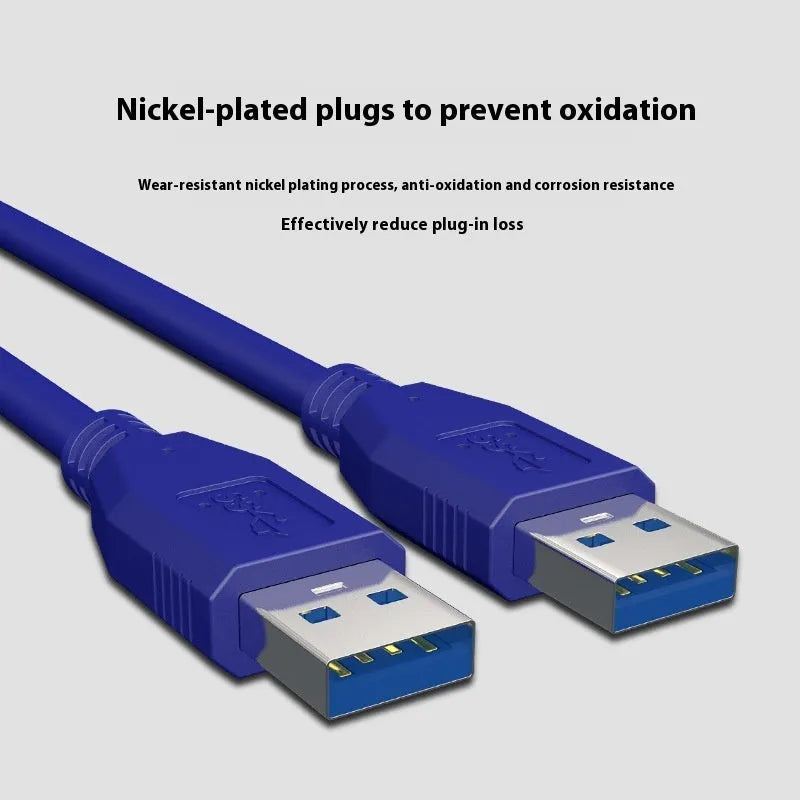 USB 3.0 male to male data cable for external hard drives, showing nickel-plated connectors.