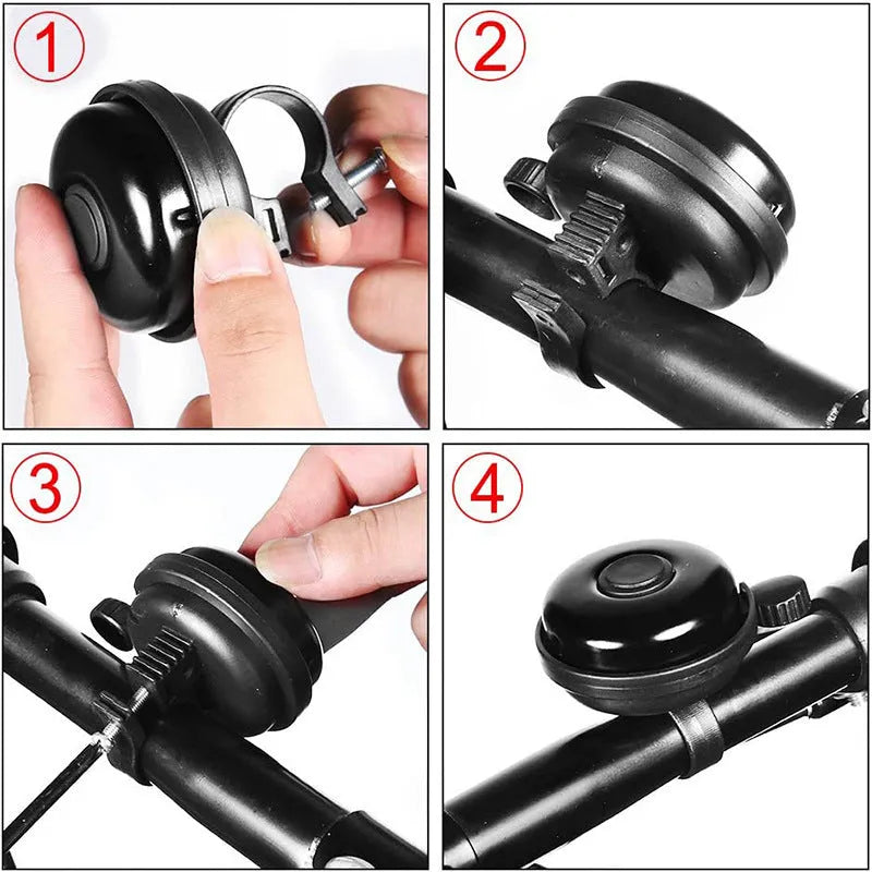 Black ABS bicycle bell with 58mm diameter and a metal mounting fixture.