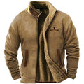 Men's blue polyester padded fleece coat with zip front, regular length.