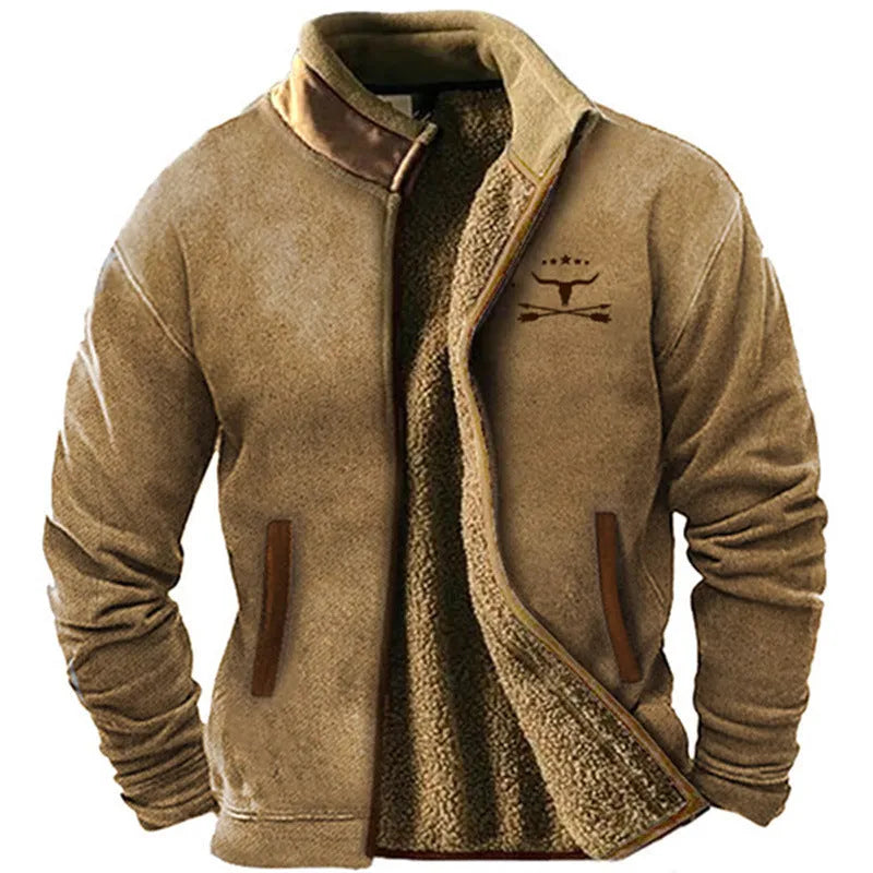 Men's blue polyester padded fleece coat with zip front, regular length.