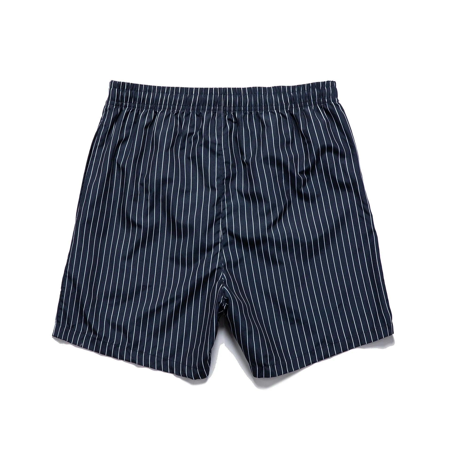 Men's striped polyester shorts in navy blue on a mannequin, showing straight leg design.