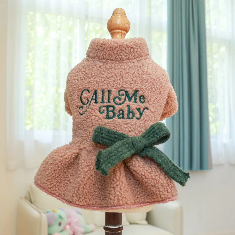 Pink and dark blue letter print fleece skirt for dogs with elastic waistband