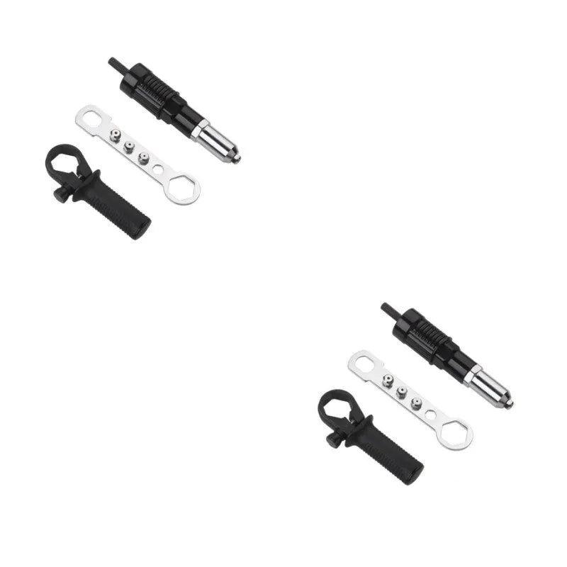 Black metal electric drill rivet gun attachment tool with a three-jaw chuck, 173mm long.