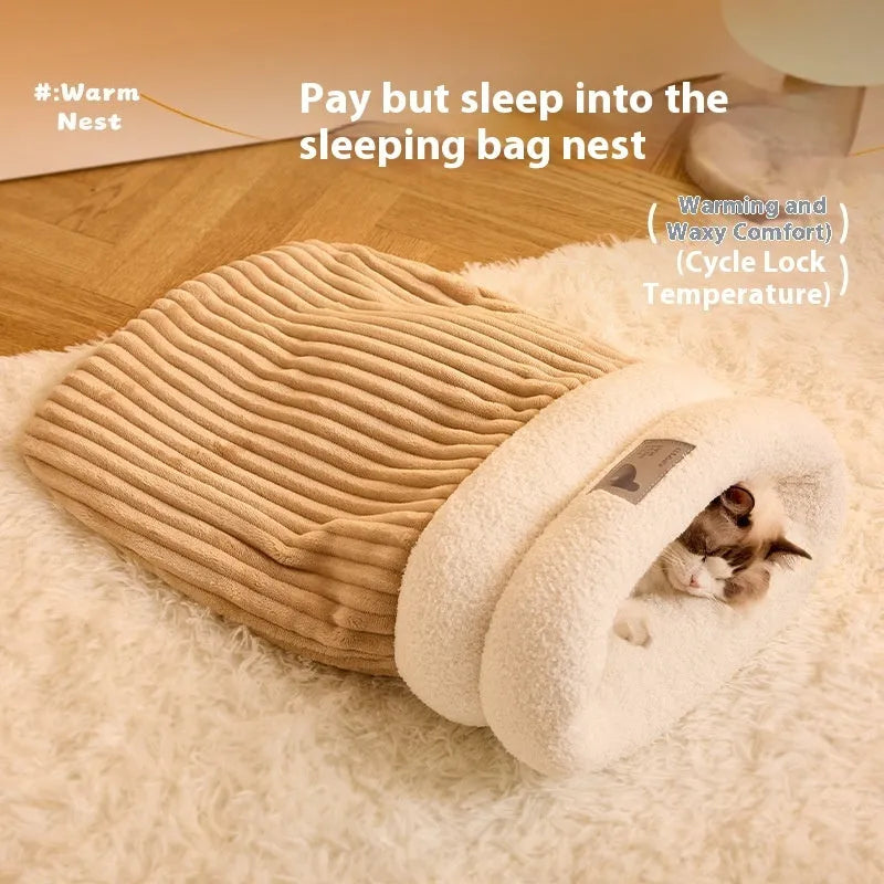 Brown semi-enclosed plush pet sleeping bag for cats on a wooden floor