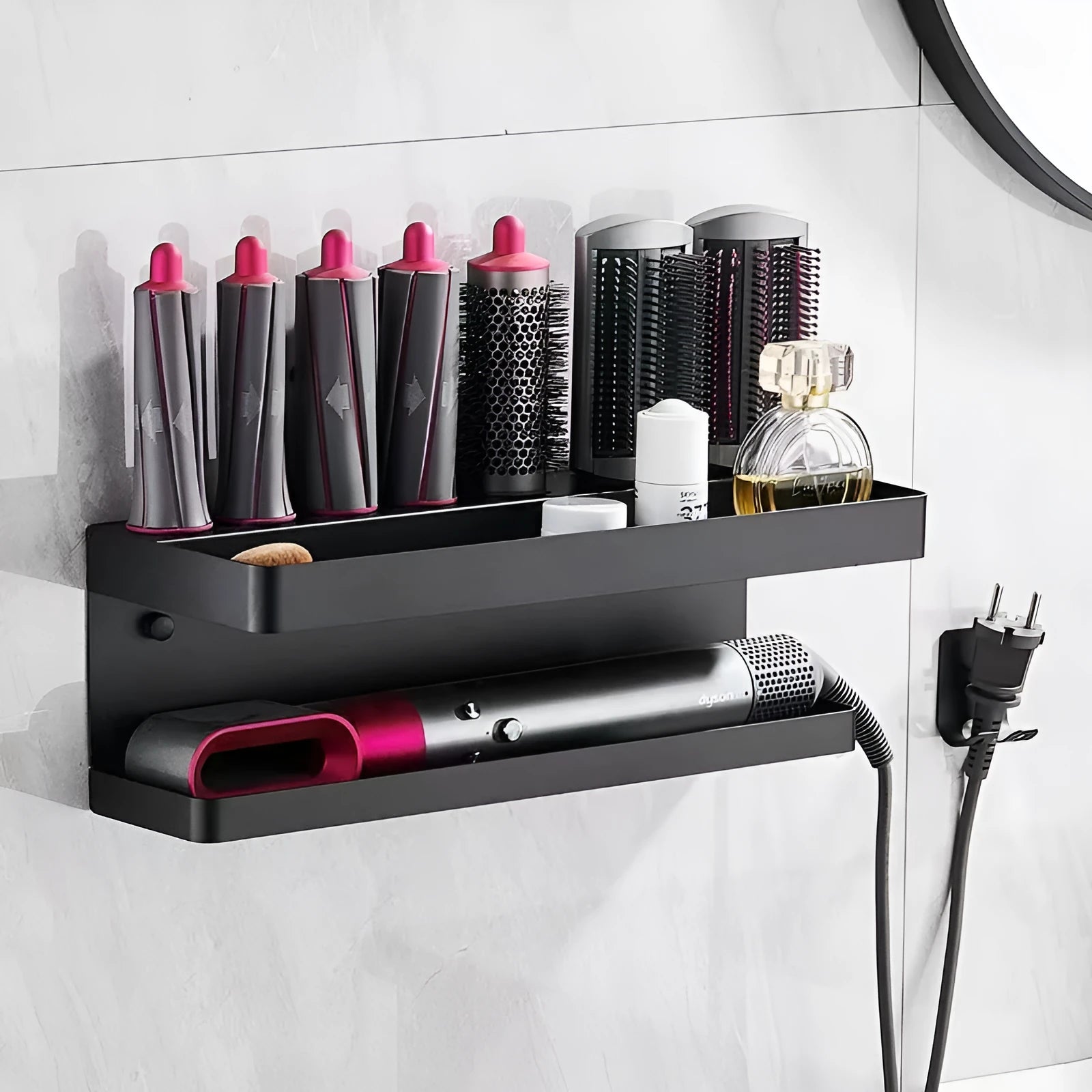 White double-layer aluminium punch-free bathroom storage rack shaped for Marcel wavers.