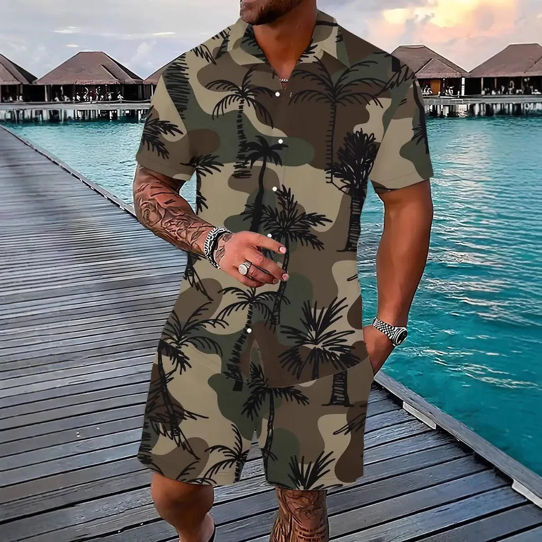 Men's Hawaiian themed 3D printed short sleeve top and matching shorts leisure suit set