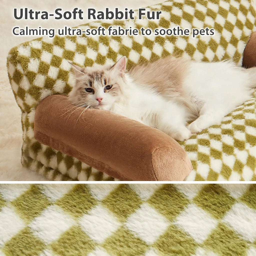 Small grey checkered pet sofa bed with a non-slip base and removable cover.