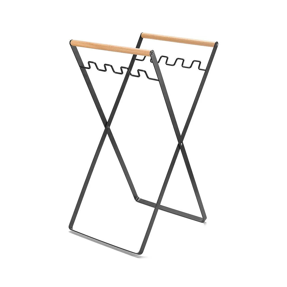 Black outdoor wooden handle wrought iron folding trash rack with two hooks for waste bags or boxes