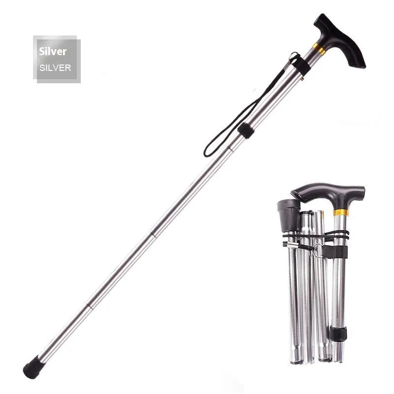 Adjustable aluminium folding walking stick in a chosen colour, shown extended and folded.