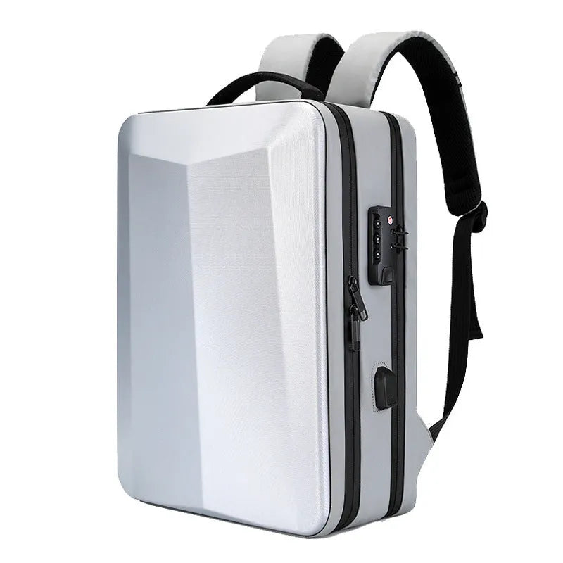Black and silver white waterproof business backpack made from ABS PC and Oxford cloth with curved shoulder straps