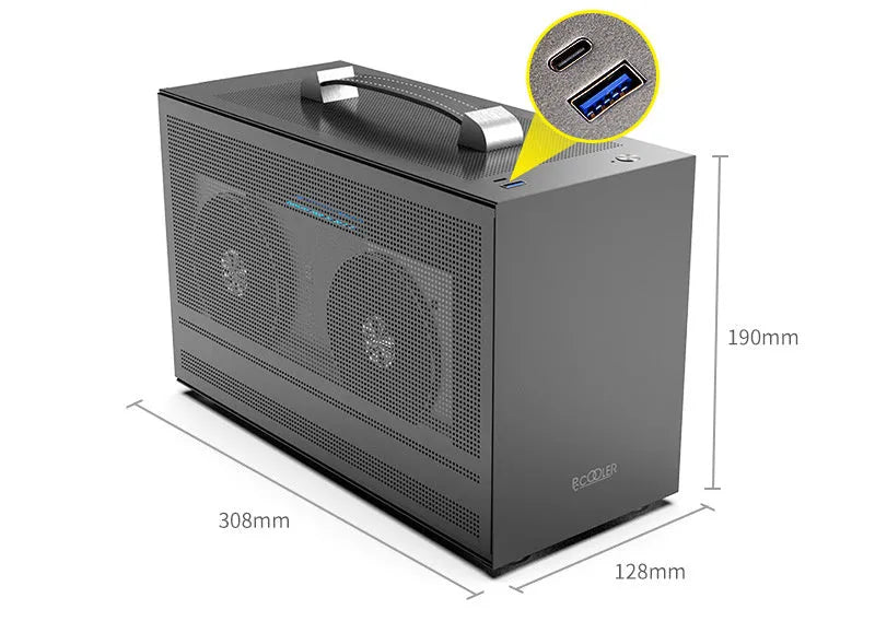 Hummingbird PRO titanium grey and white ITX desktop computer case for mini-ITX motherboard.