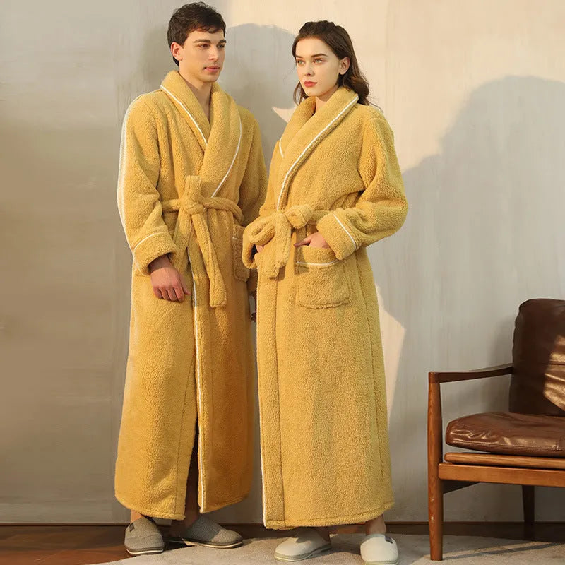 Thick flannel winter bathrobe for couples in multiple colour options like navy blue and cherry yellow.