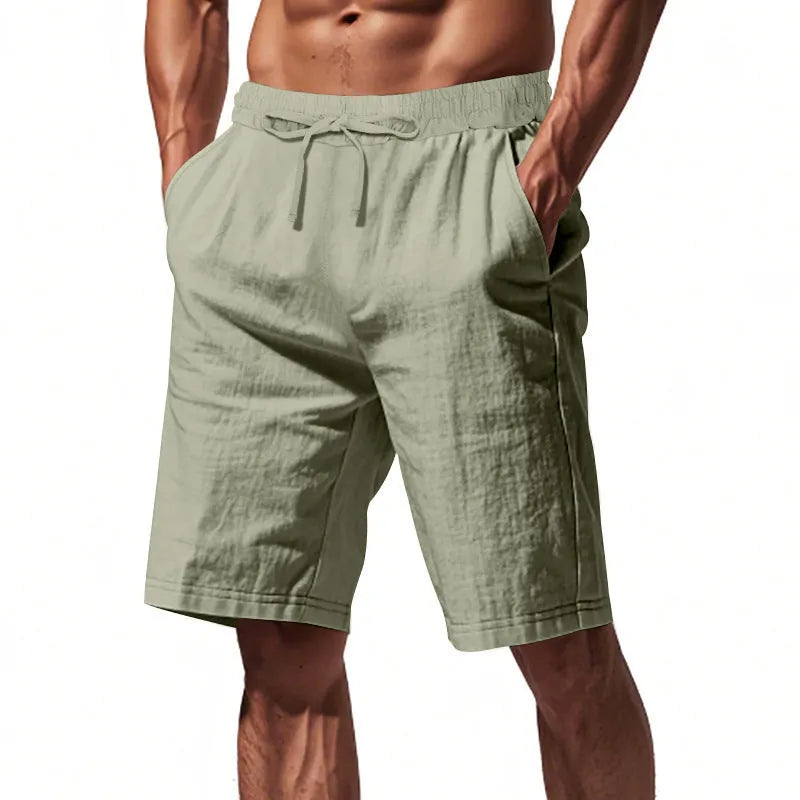Men's linen beach shorts in solid colour, loose casual straight-leg five length, elasticated waist, summer