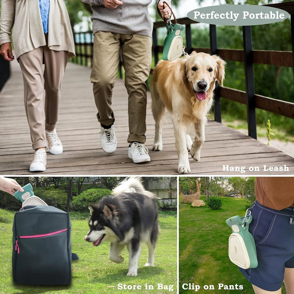 Blue portable handheld dog pooper scooper with carabiner clip and bag dispenser, shown next to size dimensions.