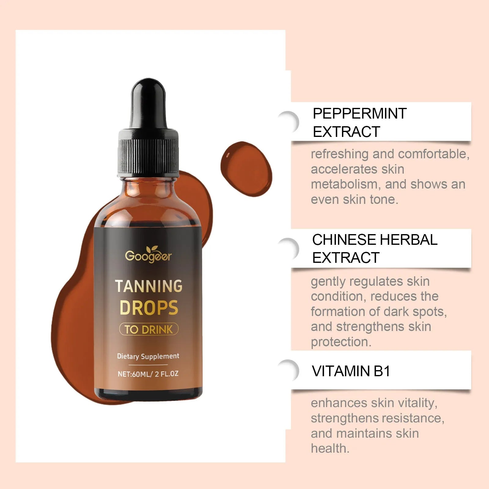Googeer Tanning Drops To Drink Body Treatment bottle, 60ml net content.