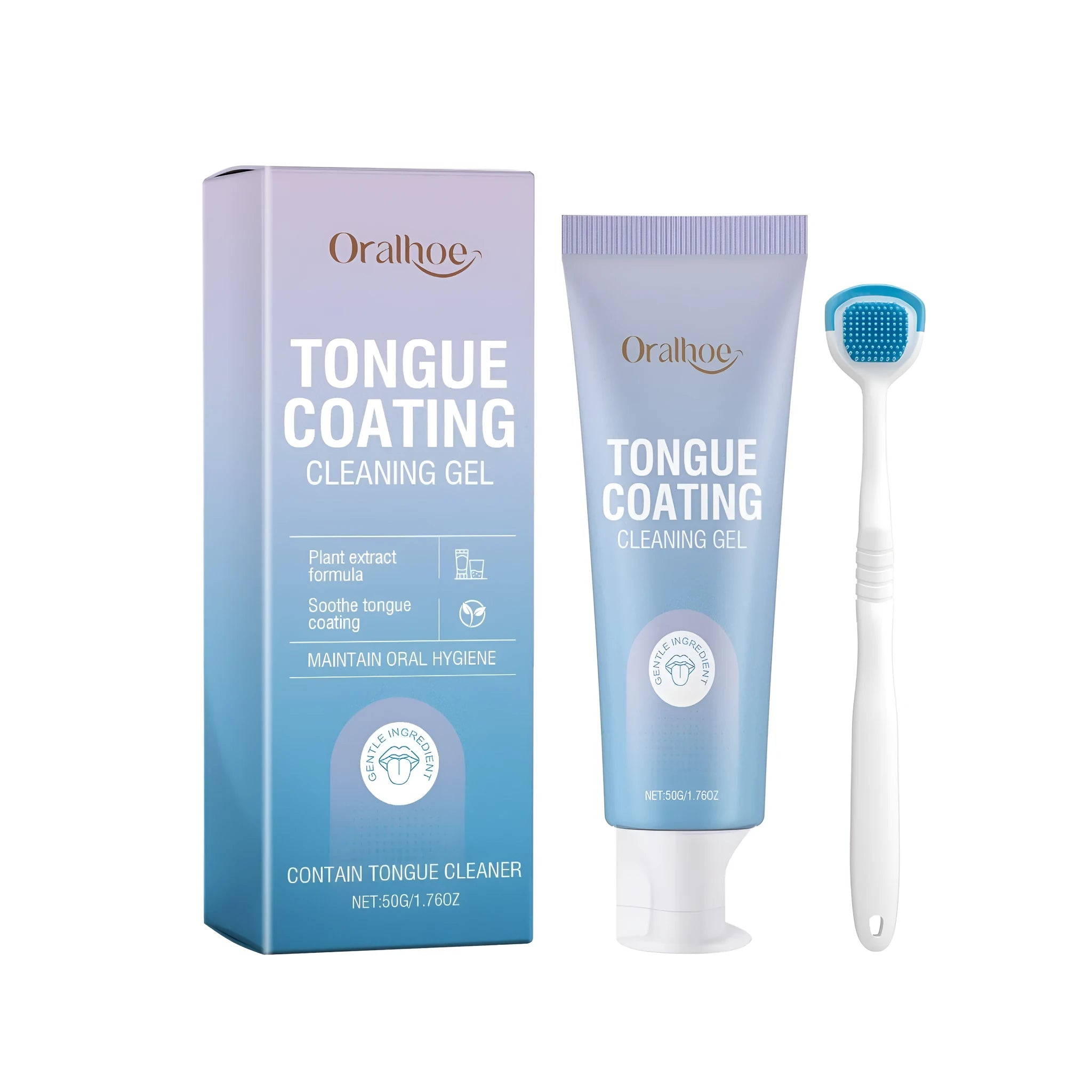 Tongue cleaning gel tube and brush set for oral hygiene with mint extract