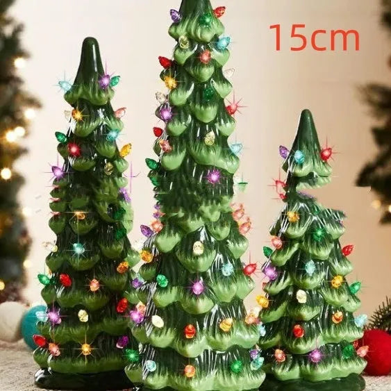 European style resin Christmas tree decoration with lights in 20cm, 25cm, or 30cm size for courtyard use.