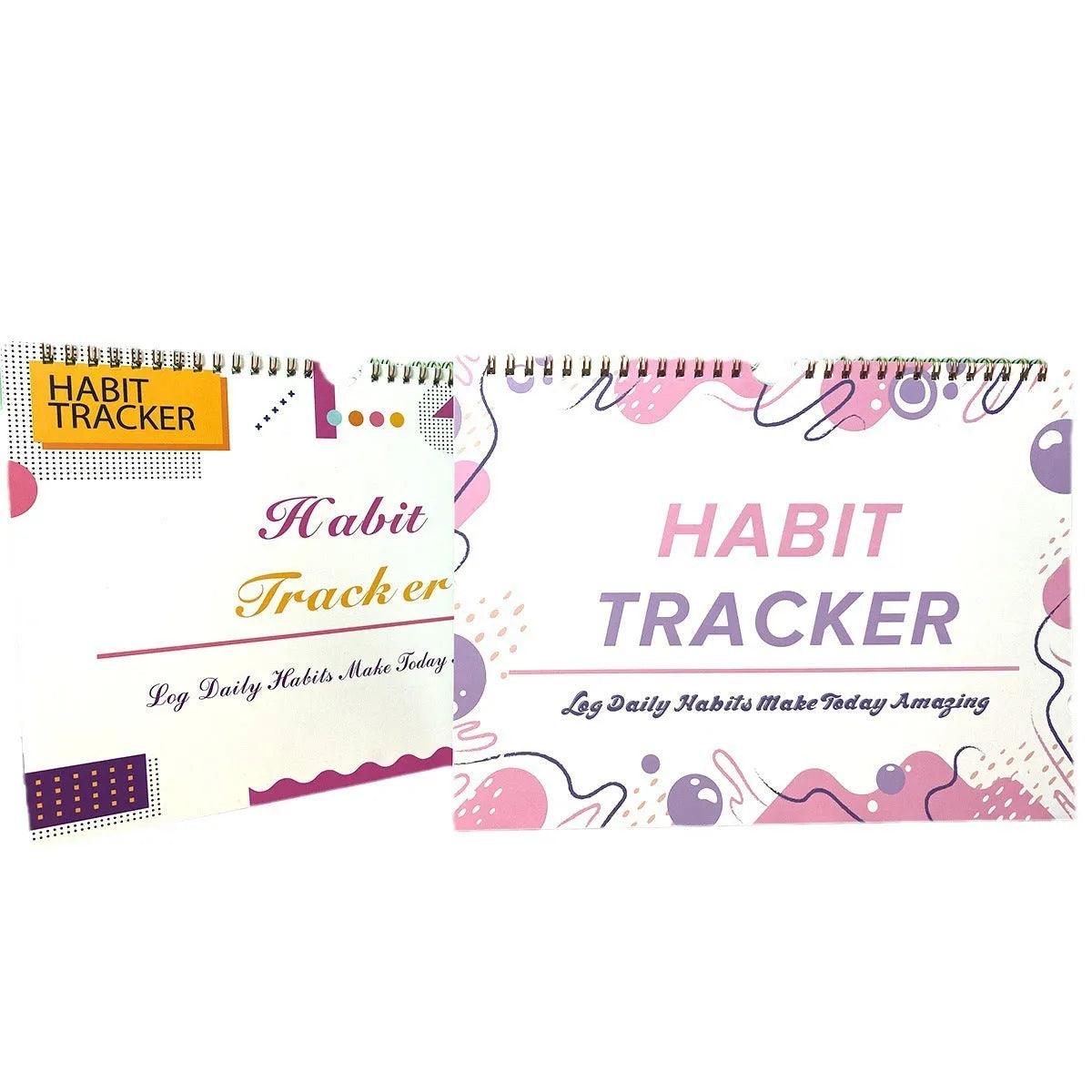 A5 habit tracking notebook in open position showing internal pages, with a choice of pink, purple, floral, or yellow and white covers.