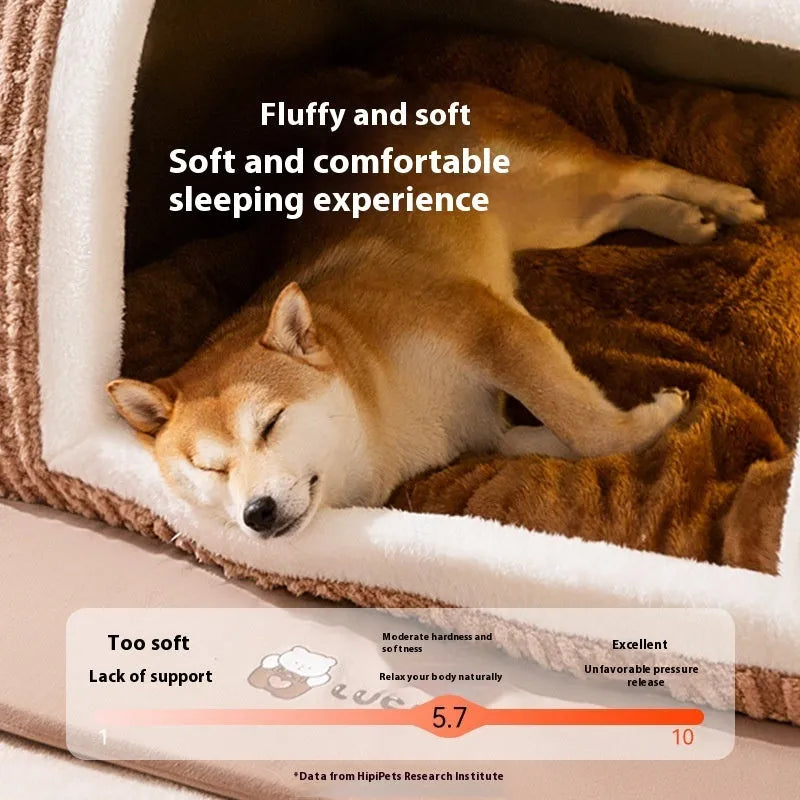 Brown bear pattern enclosed dog bed with curved sides and removable cover