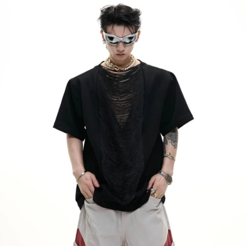 Men's black V-neck loose fit t-shirt with short sleeves and tassel detail