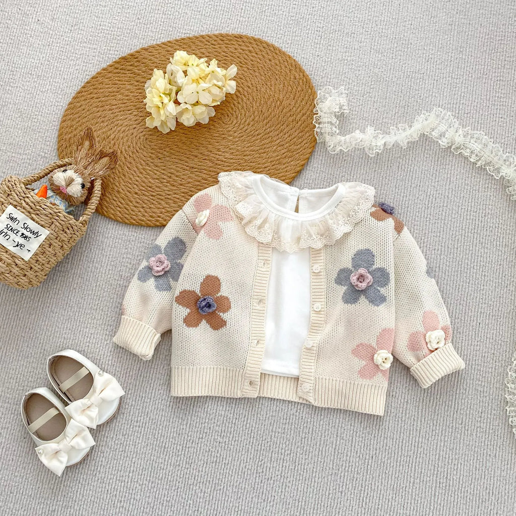 Hand crocheted flower jacquard round neck cardigan knitted coat for babies in milky white cotton fabric